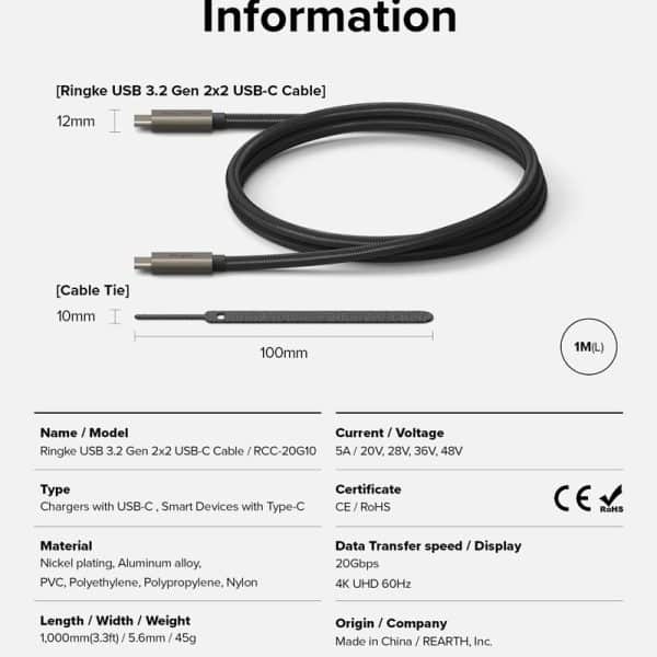 cáp sạc nhanh Ringke USB-3.2 Gen 2X2 USB-C Cable